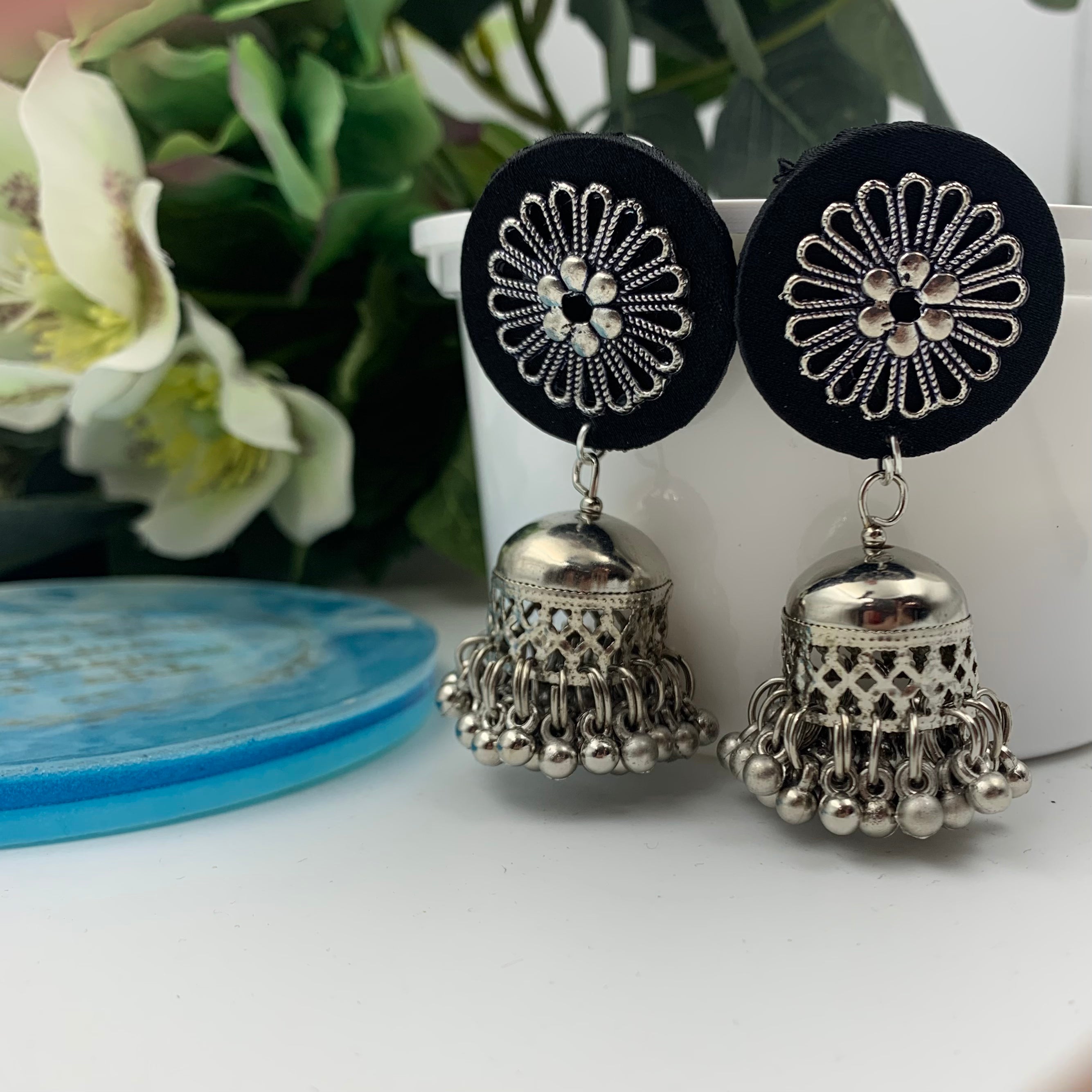 Flower Charm Silver Jhumki - Black